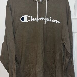 Champion Olive  Hoodie with White Logo- mid to light weight Men’s size XL